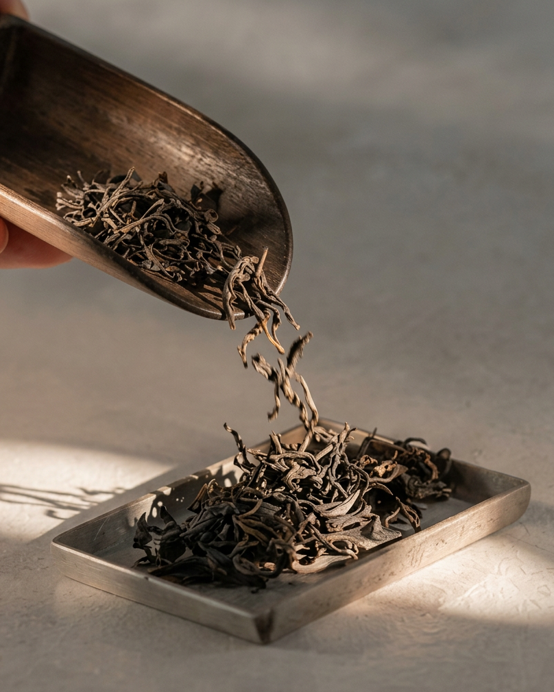Dried Oriental Beauty Oolong tea leaves in a small silver tray, with a dark wooden scoop holding more tea leaves above it on a neutral gray surface.
