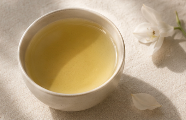 A small off-white ceramic cup filled with morning mist jinxuan oolong tea, set on a textured cream fabric next to a white flower and a petal under soft natural light.