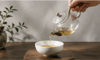A hand pouring golden hour tea from a clear glass teapot into a white ceramic bowl on a wooden table, with a soft neutral background and a small plant in the distance.