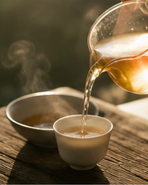 A clear glass teapot pouring amber-colored tea into a small white cup on a rustic wooden table, with a metal bowl and steam in the softly blurred background.