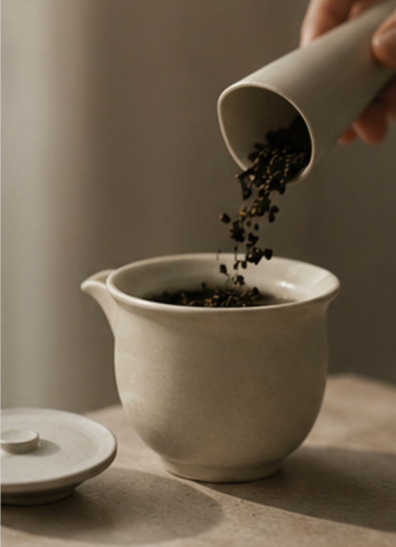 A hand pours loose dark tea leaves from a small white ceramic pitcher into a larger white ceramic teapot or gaiwan, with the lid resting nearby on a warm neutral surface.