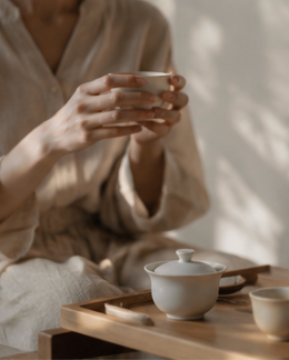A person in a beige robe holds a small white cup while a wooden tray with a white lidded teapot and another cup sits nearby in a softly lit indoor setting.