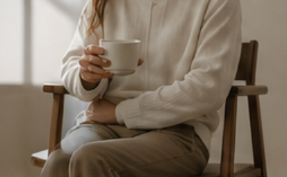 A person seated on a wooden chair holding a white ceramic mug, wearing a cream ribbed sweater and taupe pants in a softly lit indoor setting.
